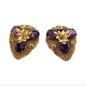 Antique Czech Amethyst Glass Filigree Dress Clips